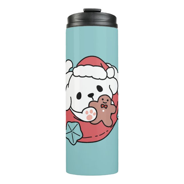Weihnachtshund in der Weihnachtsmannmütze - Feiert Thermosbecher (Vorderseite)