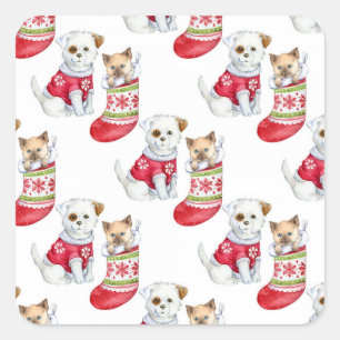 Weihnachtshund & Katze Quadratischer Aufkleber