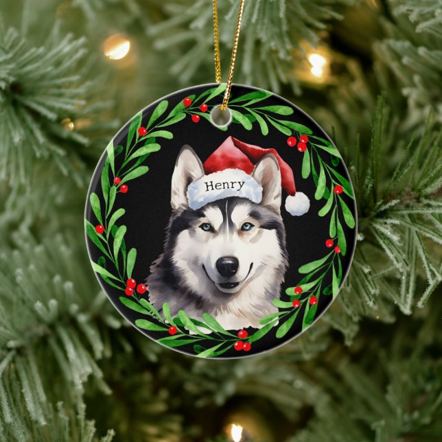 Weihnachtshund Siberischer Husky Weihnachtsmannmüt Keramik Ornament (Baum)