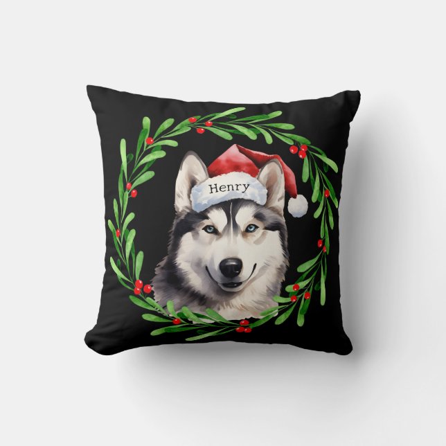 Weihnachtshund Siberischer Husky Weihnachtsmannmüt Kissen (Vorderseite)