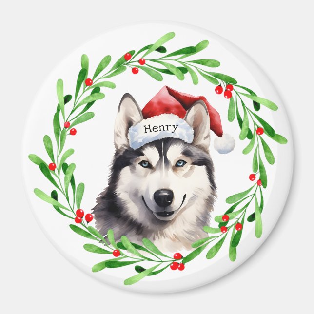 Weihnachtshund Siberischer Husky Weihnachtsmannmüt Magnet (Vorne)