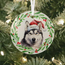 Weihnachtshund Siberischer Husky Weihnachtsmannmüt Ornament Aus Glas