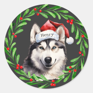 Weihnachtshund Siberischer Husky Weihnachtsmannmüt Runder Aufkleber