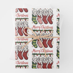 Weihnachtshund Süße Welpen in Strümpfen Retro Weih Geschenkpapier Set