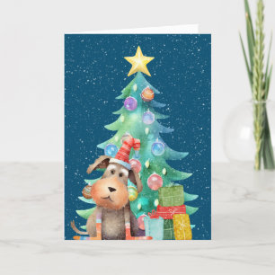 Weihnachtshund und Baum in Schneeflocken Feiertagskarte