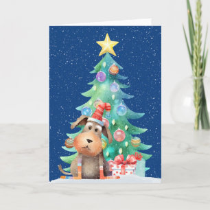 Weihnachtshund und Baum in Schneeflocken Feiertagskarte