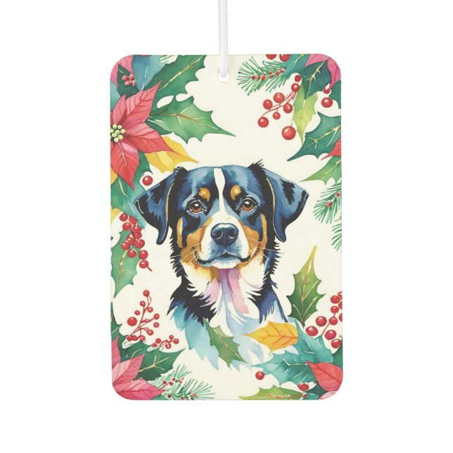 Weihnachtshund und Katze mit Poinsettias Autolufterfrischer (Vorderseite)