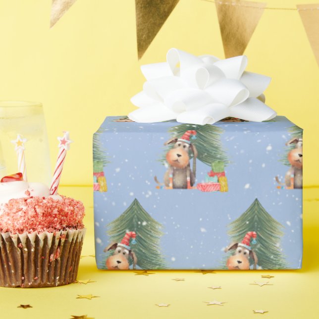 Weihnachtshund und Pinienbäume in Schneeflocken Geschenkpapier (Geburtstagsparty)