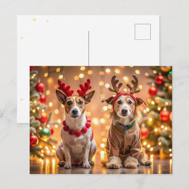 Weihnachtshunde als Rentiere gekleidet Feiertagspostkarte (Vorne/Hinten)