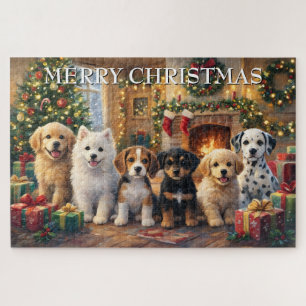 Weihnachtshunde am Kamin und geschmückter Tanne