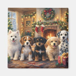 Weihnachtshunde am Kamin und geschmückter Tanne Magnet
