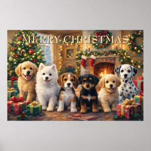 Weihnachtshunde am Kamin und geschmückter Tanne Poster