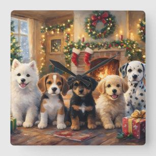 Weihnachtshunde am Kamin und geschmückter Tanne Quadratische Wanduhr