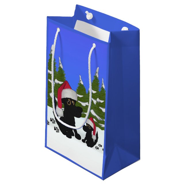 Weihnachtshunde Blau Kleine Geschenktüte (Vorderseite Schrägansicht)