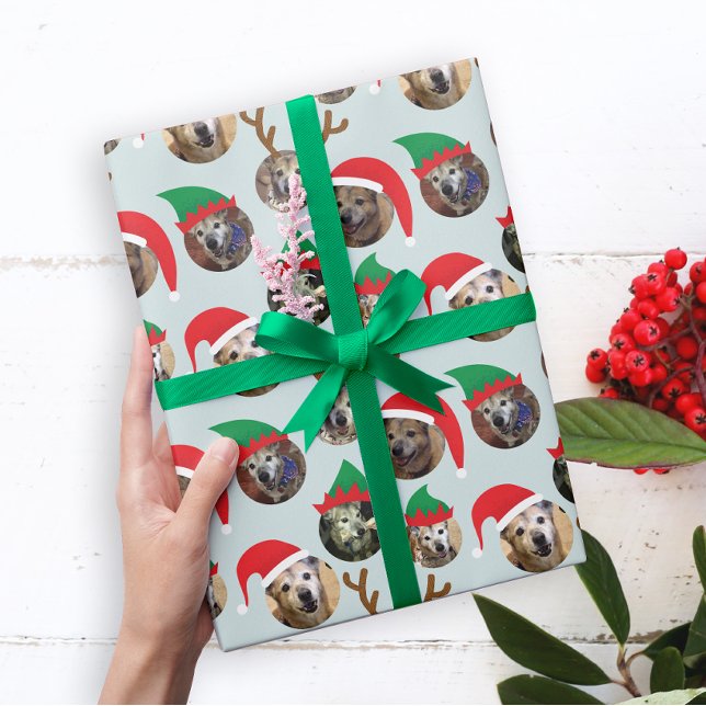 Weihnachtshunde Foto Geschenkwrap Geschenkpapier (Christmas gift wrap featuring six windows for your photos to make your pets wear Santa and elf hats)