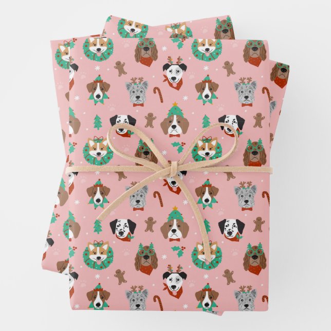 Weihnachtshunde im Weihnachtsaccessoires Muster Geschenkpapier Set (Beispiel)