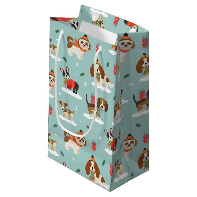 Weihnachtshunde in Cosy Scarves Muster Kleine Geschenktüte (Vorderseite Schrägansicht)