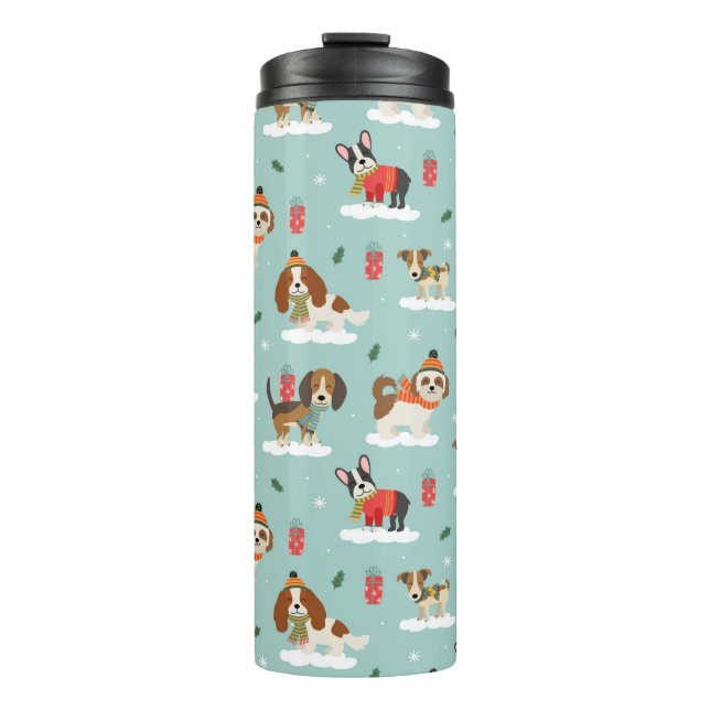 Weihnachtshunde in Cosy Scarves Muster Thermosbecher (Vorderseite)