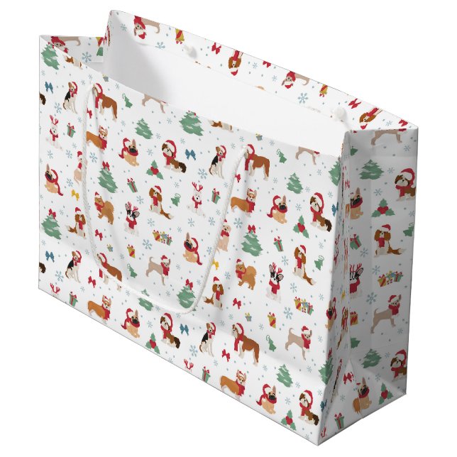 Weihnachtshunde in Weihnachtszubehör Große Geschenktüte (Vorderseite Schrägansicht)