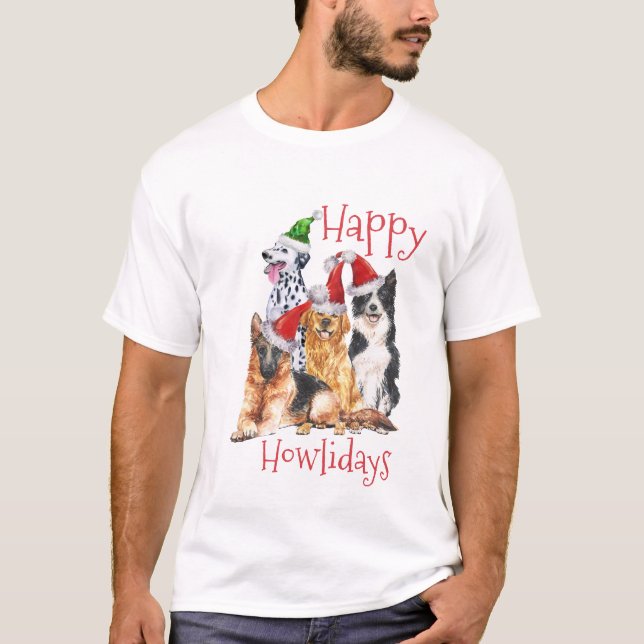Weihnachtshunde mit Hüten Happy Howlidays T-Shirt (Vorderseite)