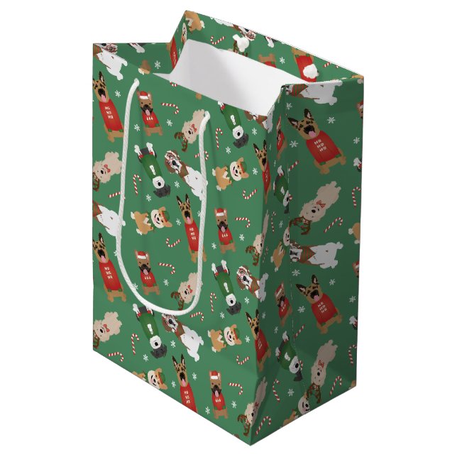 Weihnachtshunde Muster Red Green Mittlere Geschenktüte (Vorderseite Schrägansicht)