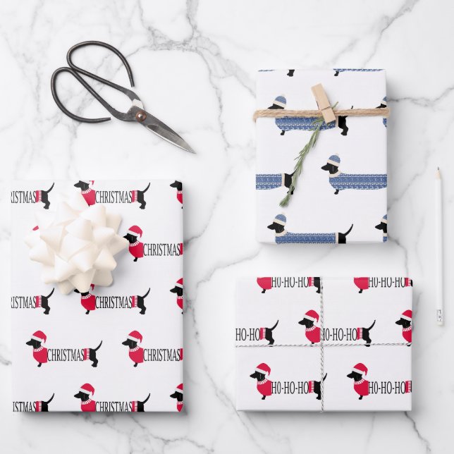 Weihnachtshunde Niedlich Graphic Dackeln 3-teilige Geschenkpapier Set (Vorderseite)