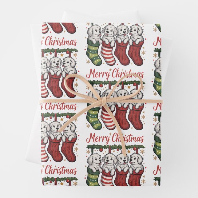 Weihnachtshunde Niedliche Welpen in Strümpfen Retr Geschenkpapier Set (Beispiel)