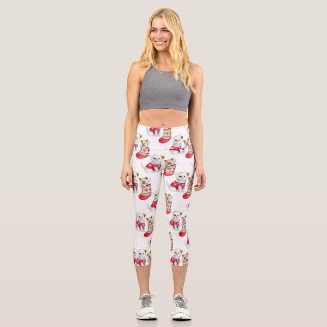 Weihnachtshunde und Katzen-Strümpfe Capri Leggings (Vorderseite)