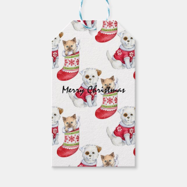 Weihnachtshunde und Katzen-Strümpfe Geschenkanhänger (Vorderseite)