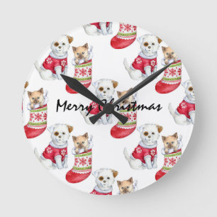 Weihnachtshunde und Katzen-Strümpfe Runde Wanduhr