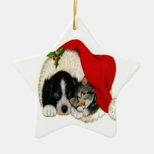 Weihnachtshunde-und -katzen-Verzierung Keramikornament
