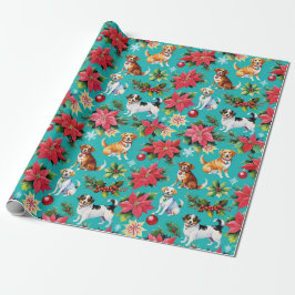 Weihnachtshunde und -poinsettias geschenkpapier