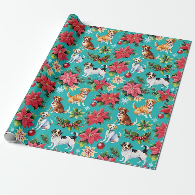 Weihnachtshunde und -poinsettias geschenkpapier (Ungerollt)