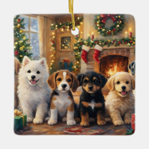 Weihnachtshunde vor dem Kamin und geschmücktem Bau Keramikornament
