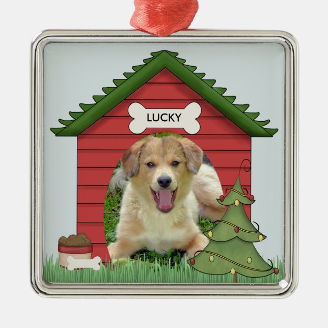 Weihnachtshundehaus-Foto u. Name Ornament Aus Metall (Vorne)