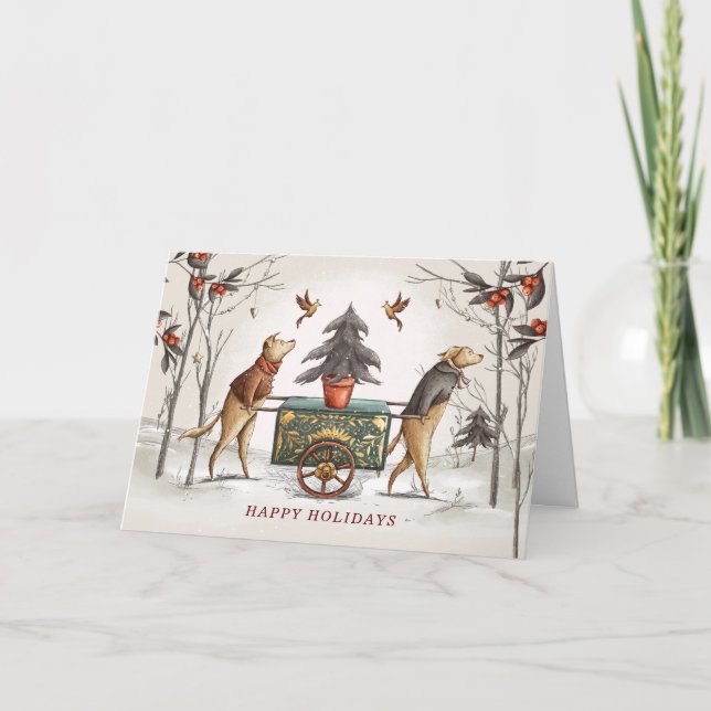 Weihnachtshundszene Faltes Weihnachtskarte Feiertagskarte (Vorderseite)