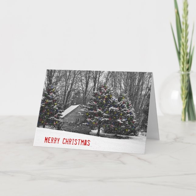 Weihnachtshütte in Schnee Feiertagskarte (Vorderseite)