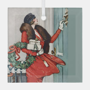Weihnachtsillustration auf der Türschwelle im Vint Ornament Aus Glas