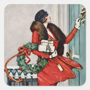 Weihnachtsillustration auf der Türschwelle im Vint Quadratischer Aufkleber