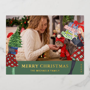 Weihnachtsillustration Mädchen Foto Grün Folien Feiertagspostkarte