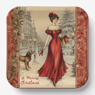 Weihnachtsillustration viktorianische Dame  Pappteller