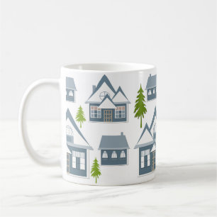 Weihnachtsillustration Winterhäuser Bäume grau wei Kaffeetasse
