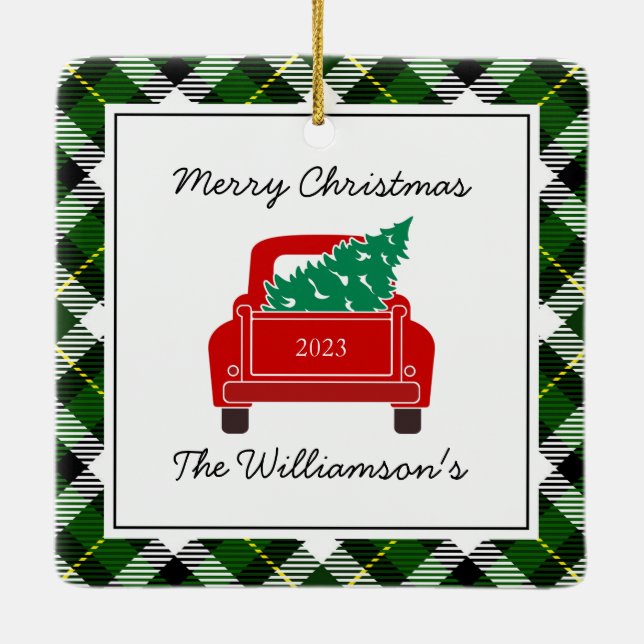 Weihnachtsjahr Foto Name Red Truck Green Kariert Keramikornament (Rückseite)