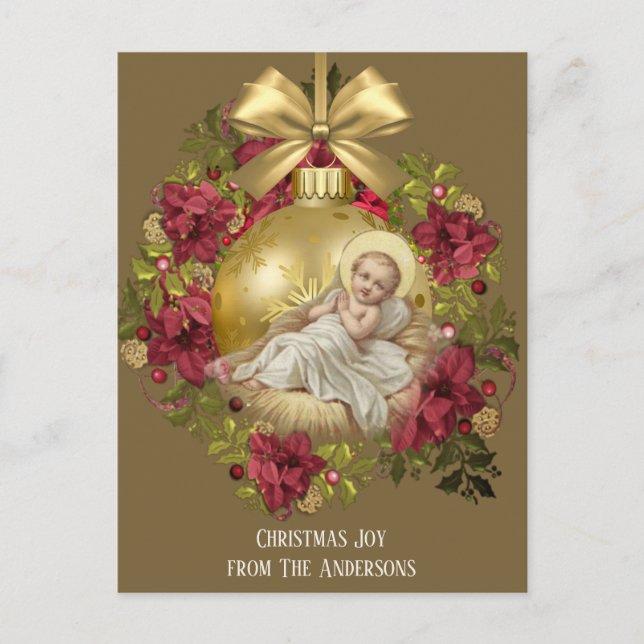 Weihnachtsjung Jesus in Manger Bläserdekoration Postkarte (Vorderseite)