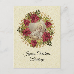 Weihnachtsjung Jesus in Manger Floral Pointsettia Postkarte