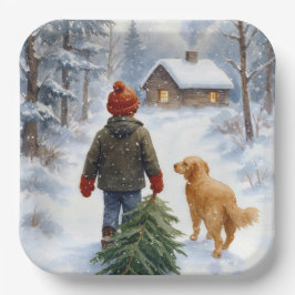 Weihnachtsjunge in Schneeflocken mit Tanne und Hun Pappteller