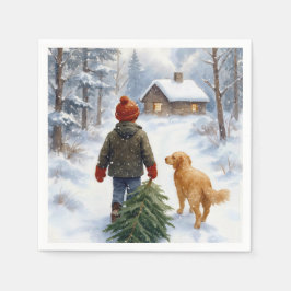 Weihnachtsjunge in Schneeflocken mit Tanne und Hun Serviette