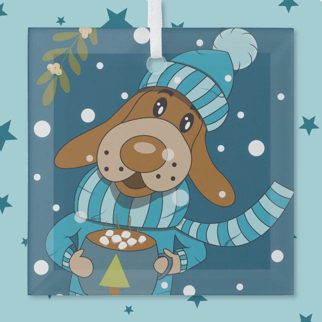 Weihnachtsjunge mit heißem Kakao-Glas-Ornament Ornament Aus Glas (Cartoon dog Christmas blue glass ornament .)