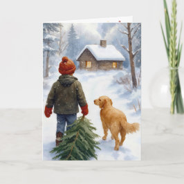 Weihnachtsjunge mit Kiefernbaum und Hund Karte