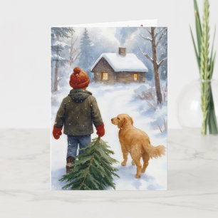 Weihnachtsjunge mit Kiefernbaum und Hund Karte